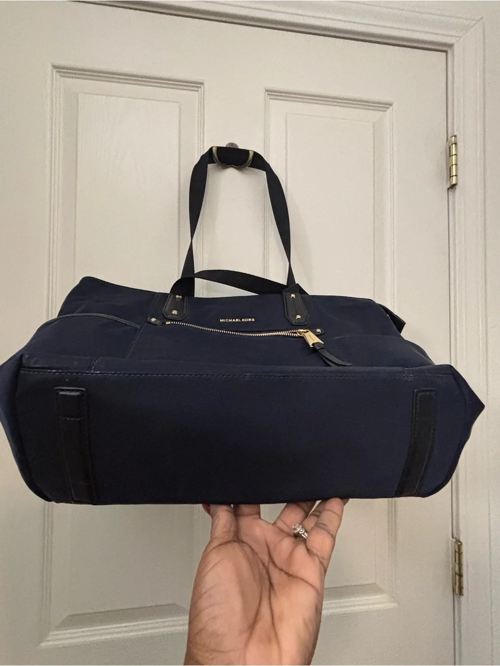 Michael Kors Navy and Gold Tote Nylon Bag with Front Zip Pocket